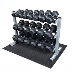 Body Solid STRENGTH Rubber Hex 5-50lb Commercial Dumbbell Package With Tiered Rack & Mat (New)